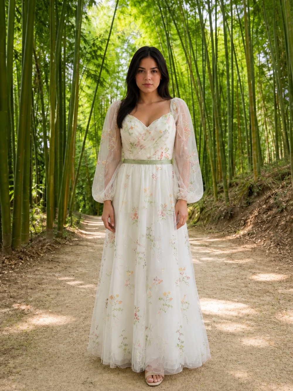 Floral Embroidered White Maxi Dress with Puff Sleeves